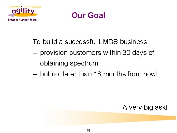 Our Goal To build a successful LMDS business – provision customers within 30 days