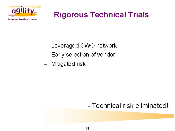 Rigorous Technical Trials – Leveraged CWO network – Early selection of vendor – Mitigated