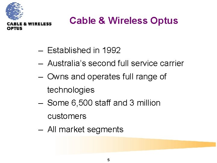 Cable & Wireless Optus – Established in 1992 – Australia’s second full service carrier