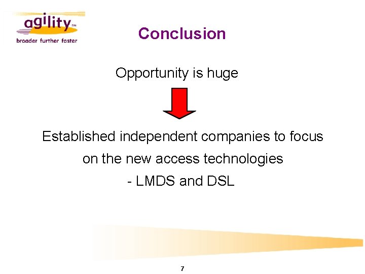 Conclusion Opportunity is huge Established independent companies to focus on the new access technologies