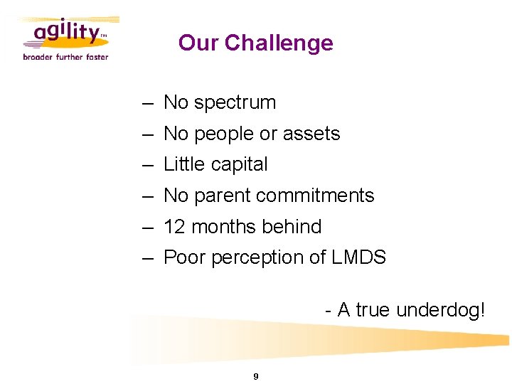 Our Challenge – No spectrum – No people or assets – Little capital –