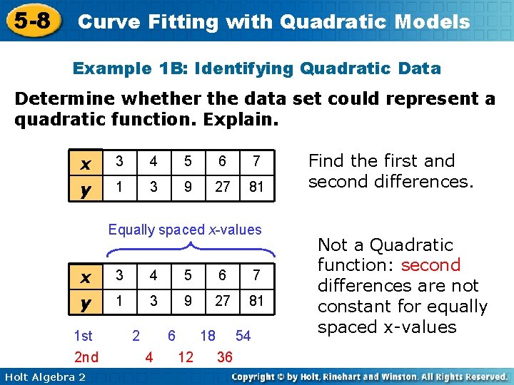 5 -8 Curve Fitting with Quadratic Models Example 1 B: Identifying Quadratic Data Determine