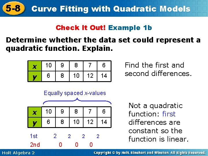 5 -8 Curve Fitting with Quadratic Models Check It Out! Example 1 b Determine