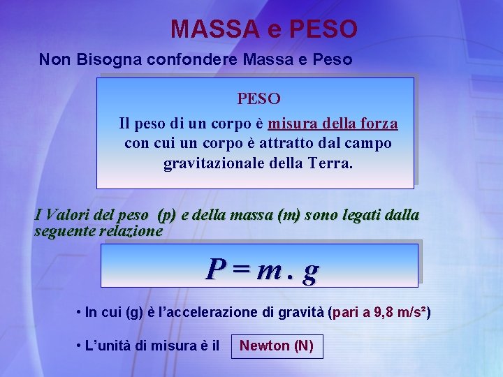 MASSA e PESO Non Bisogna confondere Massa e Peso PESO Il peso di un