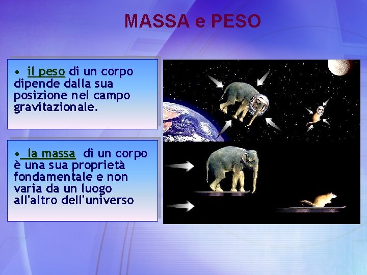 MASSA e PESO • il peso di un corpo dipende dalla sua posizione nel