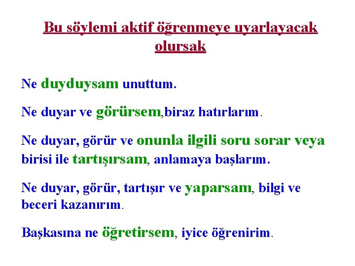 Bu söylemi aktif öğrenmeye uyarlayacak olursak Ne duyduysam unuttum. Ne duyar ve görürsem, biraz