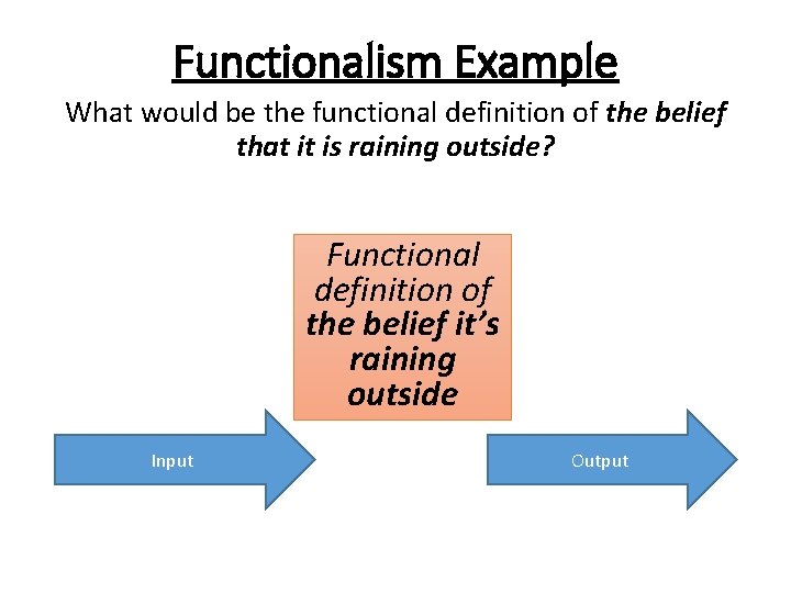 Functionalism Example What would be the functional definition of the belief that it is