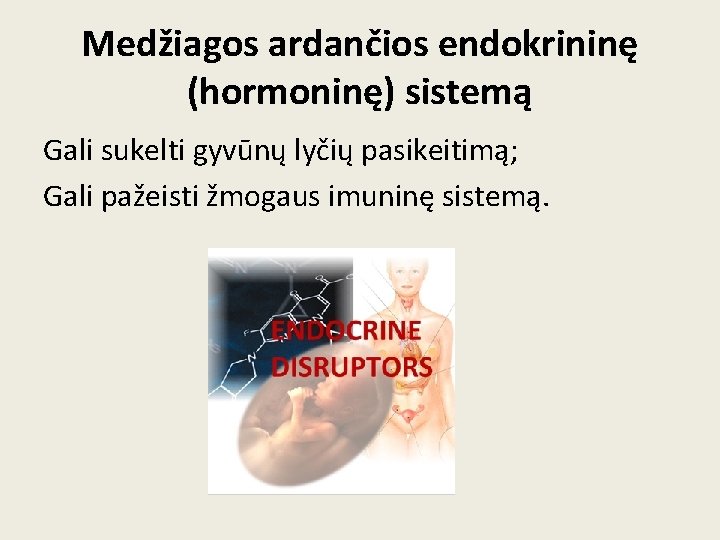 Medžiagos ardančios endokrininę (hormoninę) sistemą Gali sukelti gyvūnų lyčių pasikeitimą; Gali pažeisti žmogaus imuninę