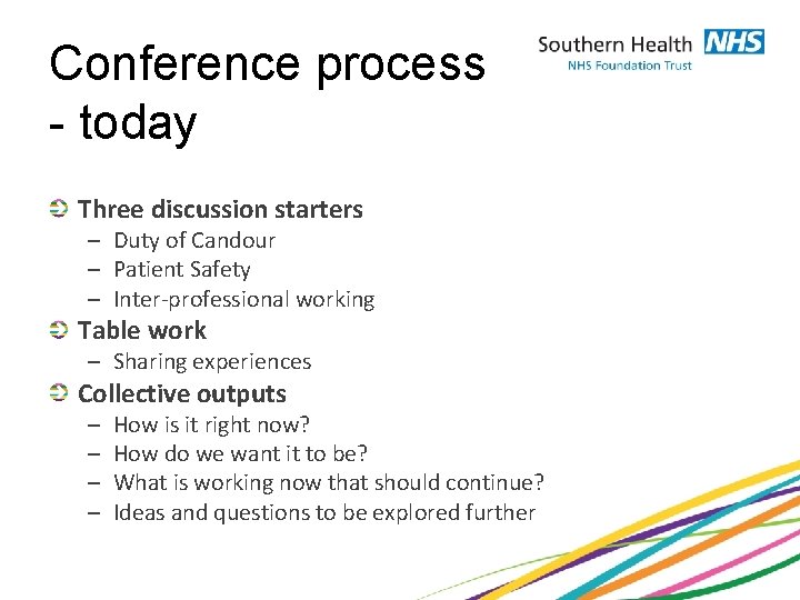 Conference process - today Three discussion starters – Duty of Candour – Patient Safety