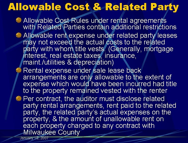 Allowable Cost & Related Party Allowable Cost Rules under rental agreements with Related Parties