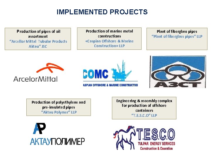 IMPLEMENTED PROJECTS Production of pipes of oil assortment “Arcellor Mittal Tubular Products Aktau” JSC