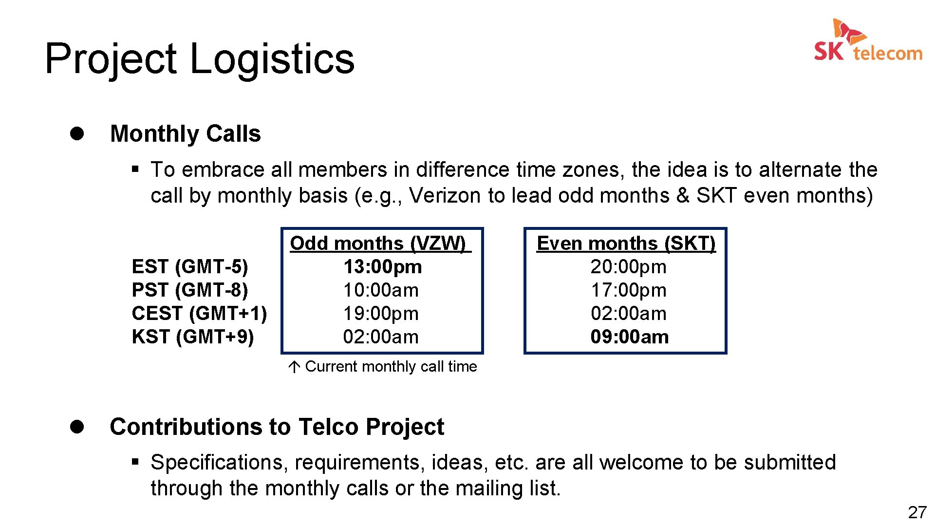 Project Logistics l Monthly Calls § To embrace all members in difference time zones,