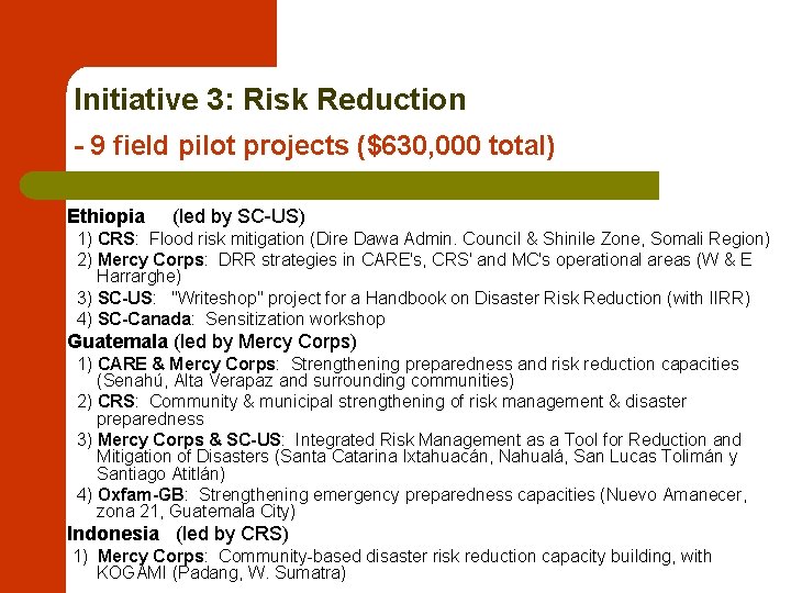 Initiative 3: Risk Reduction - 9 field pilot projects ($630, 000 total) Ethiopia (led