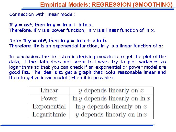 Empirical Models: REGRESSION (SMOOTHING) Connection with linear model: If y = axb, then ln