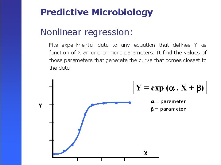 Predictive Microbiology Nonlinear regression: Fits experimental data to any equation that defines Y as