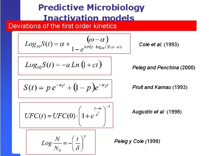 Predictive Microbiology Inactivation models Deviations of the first order kinetics Cole et al. (1993)