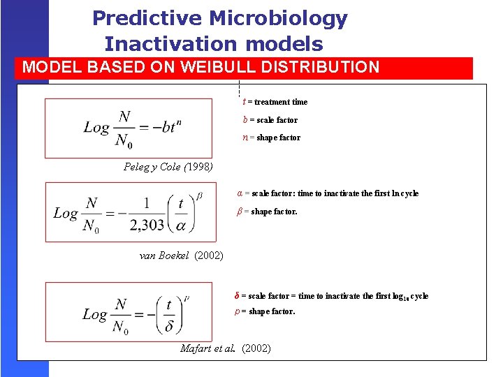 Predictive Microbiology Inactivation models MODEL BASED ON WEIBULL DISTRIBUTION t = treatment time b