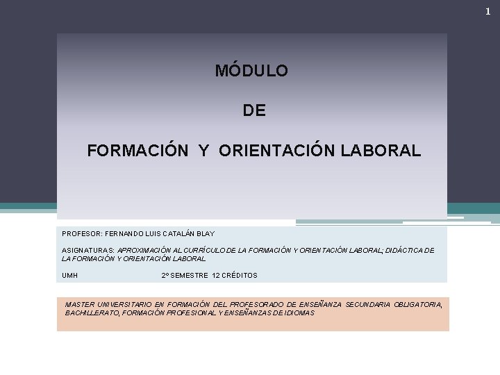 1 MÓDULO DE FORMACIÓN Y ORIENTACIÓN LABORAL PROFESOR: FERNANDO LUIS CATALÁN BLAY ASIGNATURAS: APROXIMACIÓN