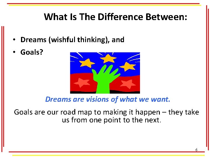 What Is The Difference Between: • Dreams (wishful thinking), and • Goals? Dreams are