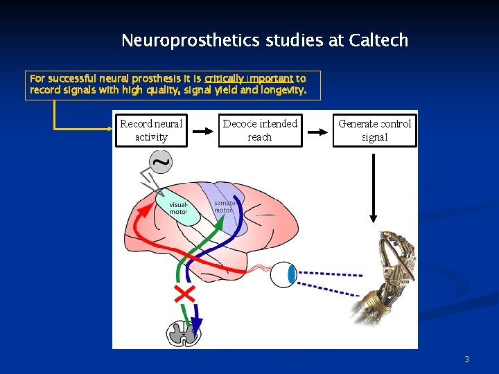 Neuroprosthetics studies at Caltech For successful neural prosthesis it is critically important to record