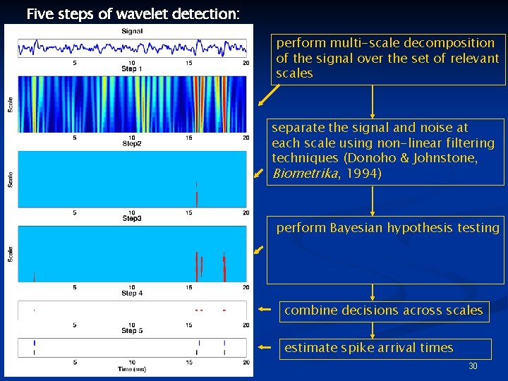 Five steps of wavelet detection: perform multi-scale decomposition of the signal over the set