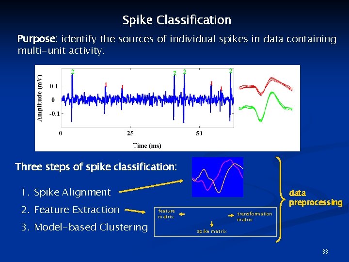 Spike Classification Purpose: identify the sources of individual spikes in data containing multi-unit activity.