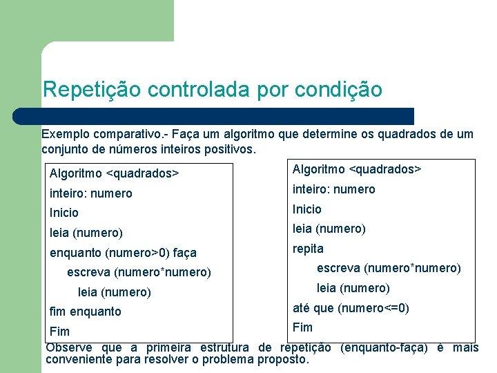 Repetição controlada por condição Exemplo comparativo. - Faça um algoritmo que determine os quadrados