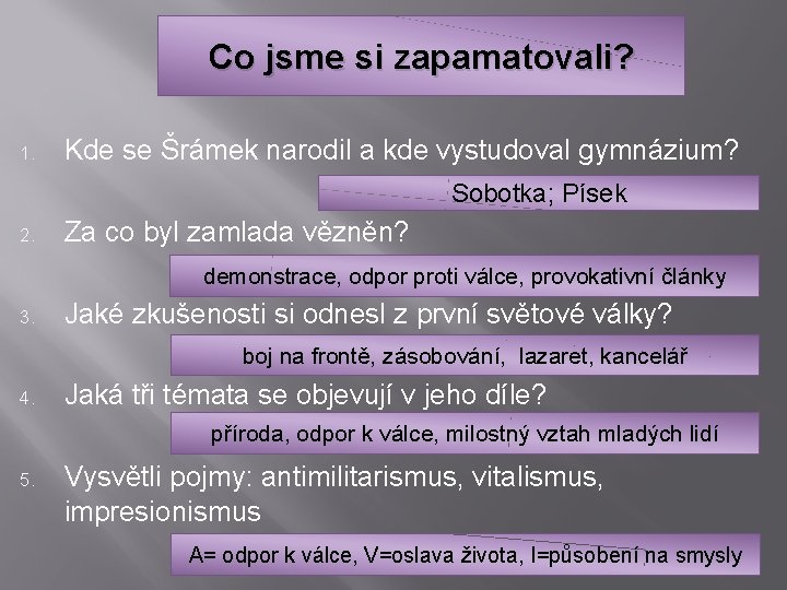 Co jsme si zapamatovali? 1. Kde se Šrámek narodil a kde vystudoval gymnázium? Sobotka;