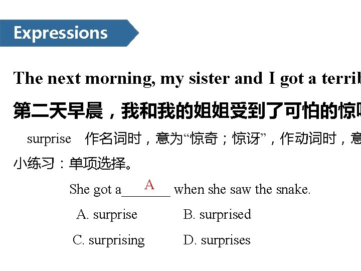 Expressions The next morning, my sister and I got a terrib 第二天早晨，我和我的姐姐受到了可怕的惊吓 surprise 作名词时，意为“惊奇；惊讶”，作动词时，意