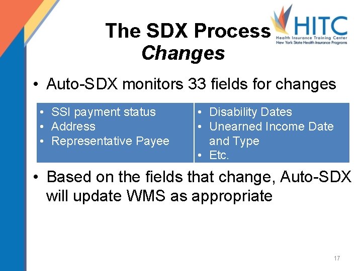 The SDX Process Changes • Auto-SDX monitors 33 fields for changes • SSI payment