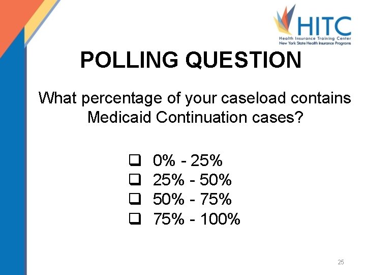 POLLING QUESTION What percentage of your caseload contains Medicaid Continuation cases? q q 0%