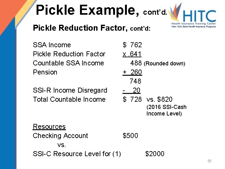 Pickle Example, cont’d. Pickle Reduction Factor, cont’d: SSA Income Pickle Reduction Factor Countable SSA