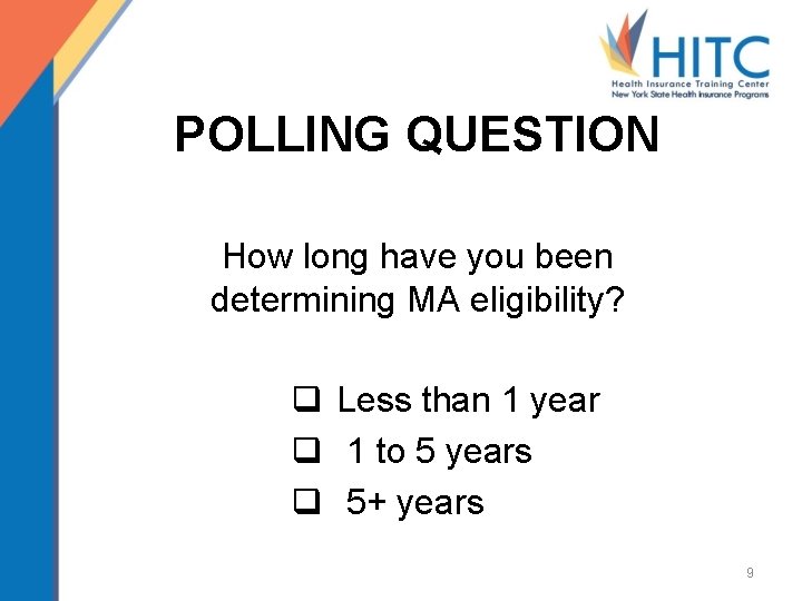 POLLING QUESTION How long have you been determining MA eligibility? q Less than 1