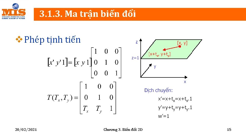 3. 1. 3. Ma trận biến đổi v Phép tịnh tiến 20/02/2021 Chương 3.