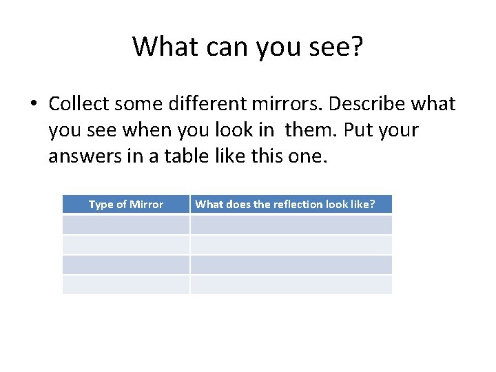 What can you see? • Collect some different mirrors. Describe what you see when