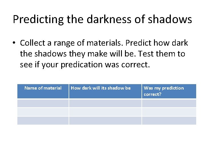 Predicting the darkness of shadows • Collect a range of materials. Predict how dark