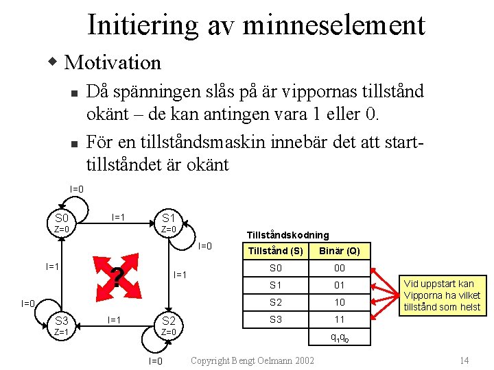 Initiering av minneselement w Motivation n n Då spänningen slås på är vippornas tillstånd