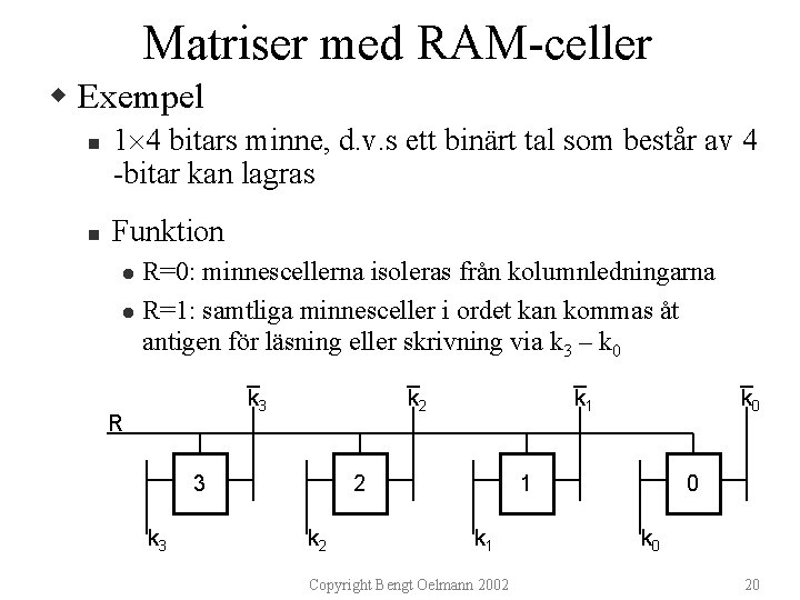 Matriser med RAM-celler w Exempel n n 1 4 bitars minne, d. v. s