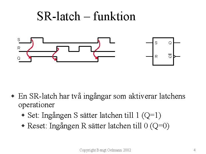 SR-latch – funktion S S Q R Q w En SR-latch har två ingångar