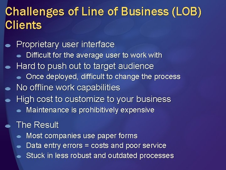 Challenges of Line of Business (LOB) Clients Proprietary user interface Difficult for the average