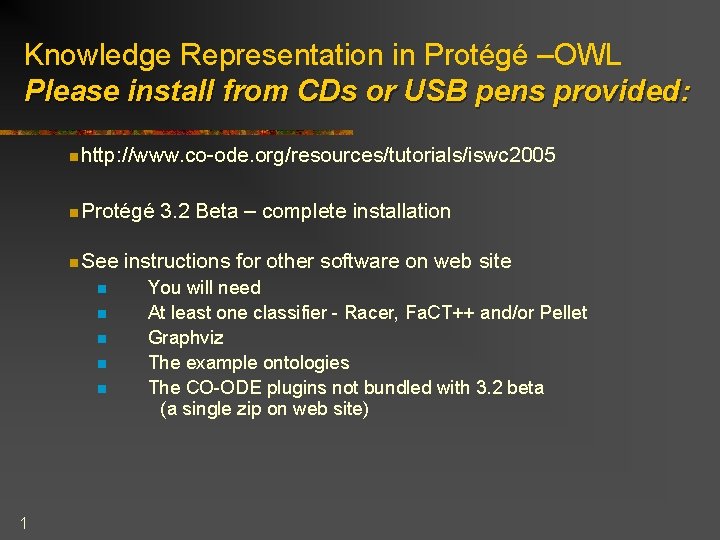 Knowledge Representation in Protégé –OWL Please install from CDs or USB pens provided: n