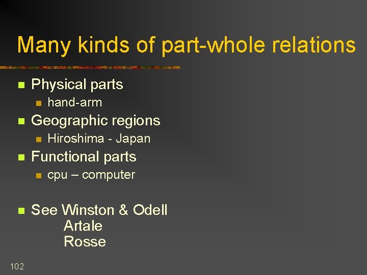 Many kinds of part-whole relations n Physical parts n n Geographic regions n n