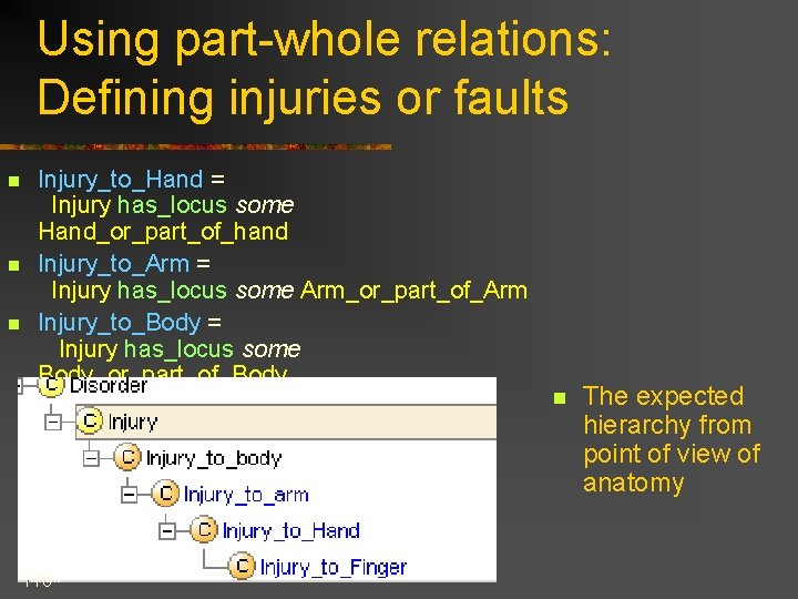 Using part-whole relations: Defining injuries or faults n n n Injury_to_Hand = Injury has_locus