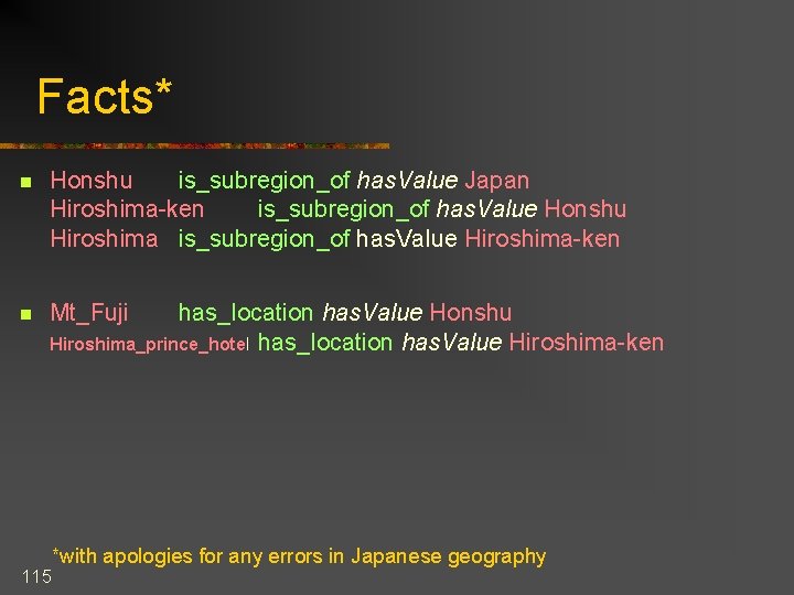 Facts* n Honshu is_subregion_of has. Value Japan Hiroshima-ken is_subregion_of has. Value Honshu Hiroshima is_subregion_of