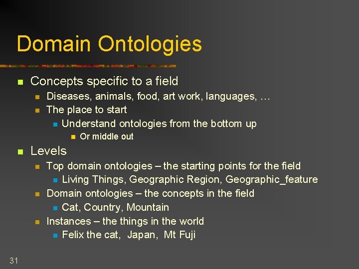 Domain Ontologies n Concepts specific to a field n n Diseases, animals, food, art