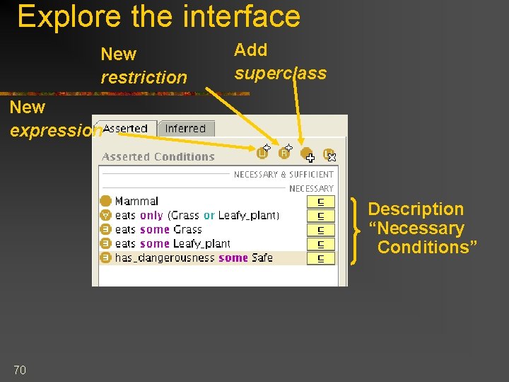 Explore the interface New restriction Add superclass New expression Description “Necessary Conditions” 70 