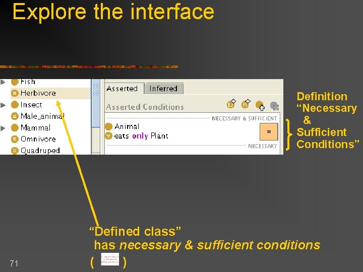 Explore the interface Definition “Necessary & Sufficient Conditions” 71 “Defined class” has necessary &