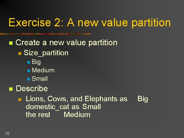 Exercise 2: A new value partition n Create a new value partition n Size_partition