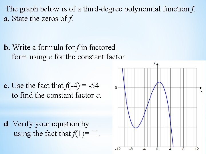 The graph below is of a third-degree polynomial function f. a. State the zeros