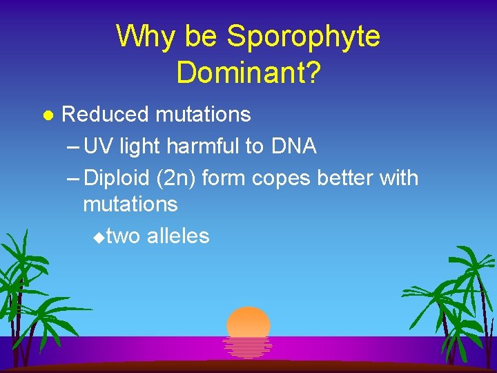 Why be Sporophyte Dominant? l Reduced mutations – UV light harmful to DNA –